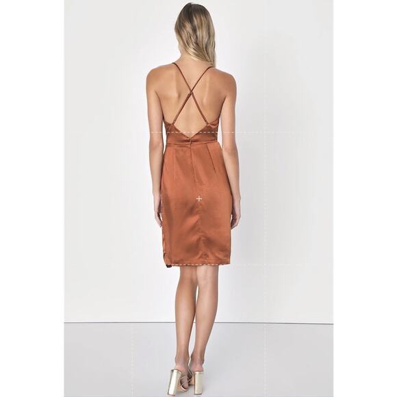 Lulus Women’s S Bronze Satin Hot Night Out Surplice Faux Wrap Midi Dress NWT - Picture 2 of 6